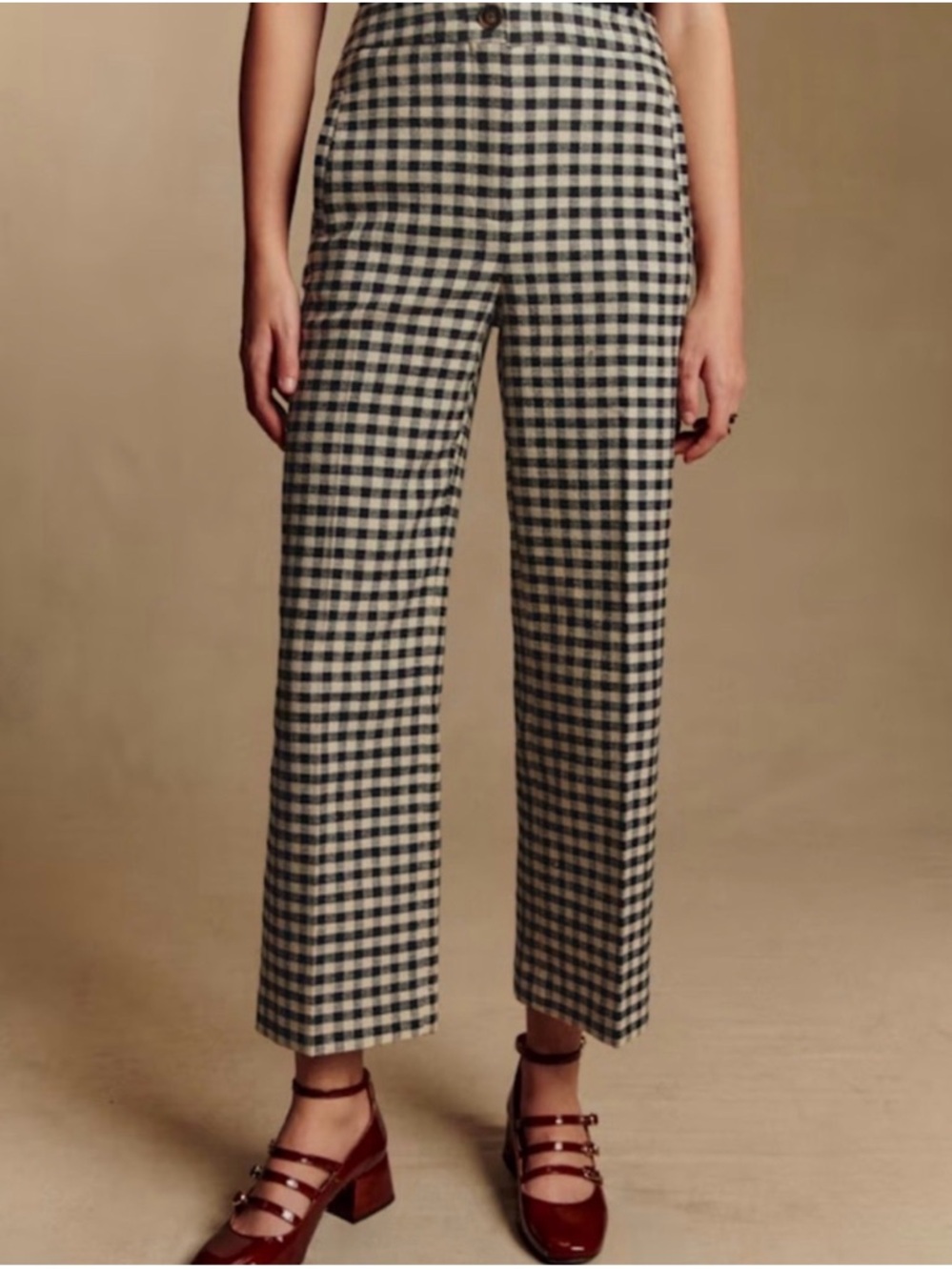 Sezane Martin Crop Trousers in Black and Ecru Check, Size 38